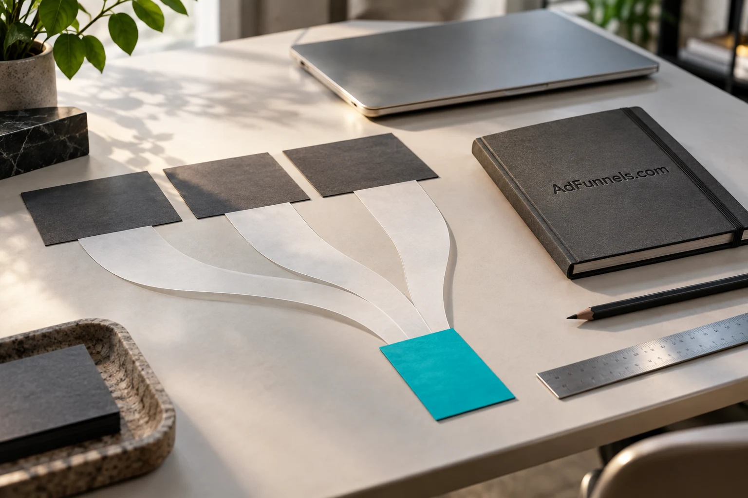 Paper paths connecting graphite audience cards to a teal destination on a desk